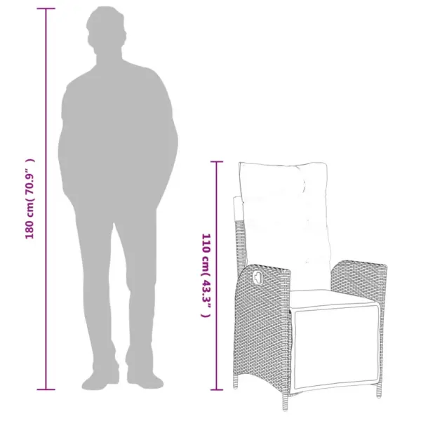 3-osaline aiamööbli komplekt reguleeritavate toolide ja patjadega, PE-rotang, must karastatud klaasplaadiga laud 80 x 80 cm, beežid toonid – 10