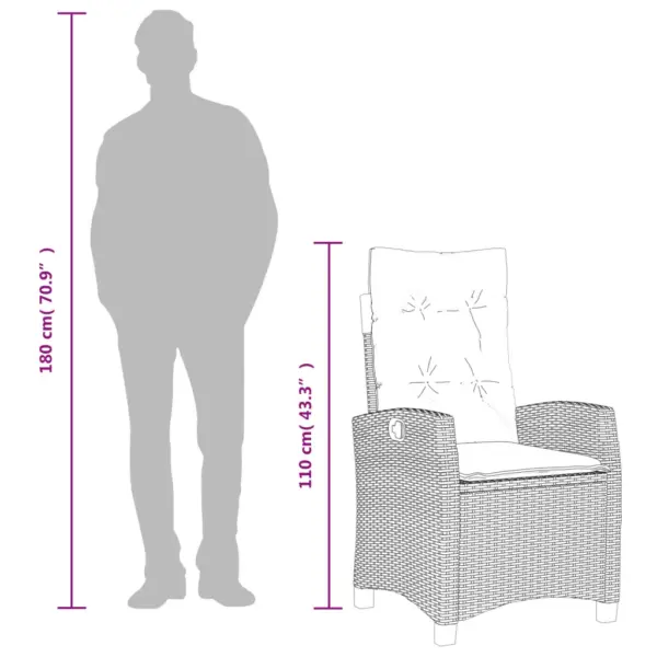 5-osaline aiamööbli komplekt reguleeritavate toolidega, hall polürotang, must klaasplaadiga laud 140 x 70 cm, patjadega – 10