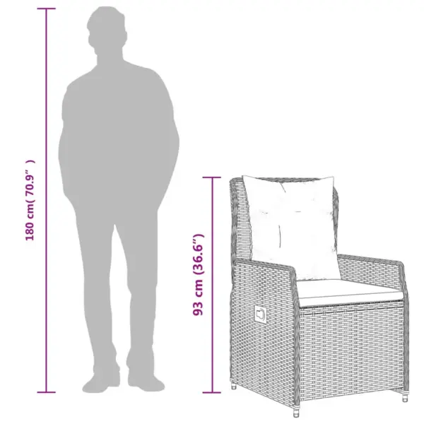 5-osaline aiamööbli komplekt reguleeritava lauaplaadi ja lamamistoolidega, must polürotang, akaatsiapuidust lauaplaat, laud 80 x 80 cm, patjadega – 10