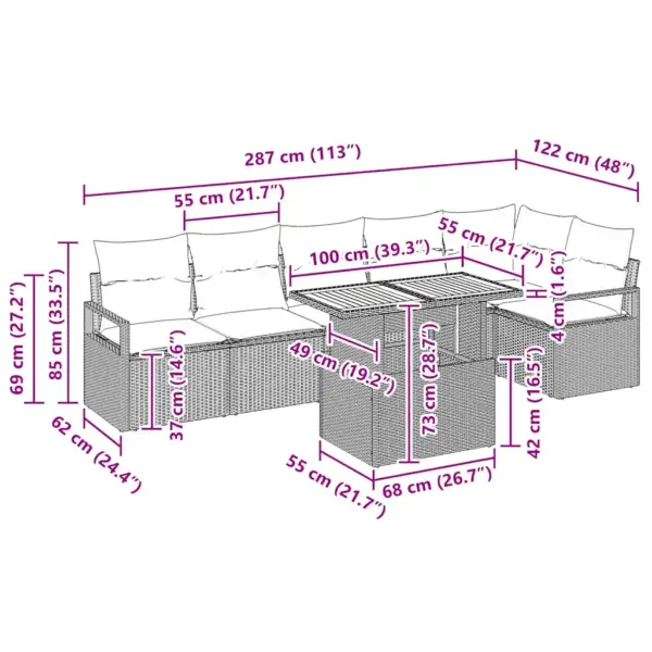 7-osaline modulaarne aiamööbli komplekt hoiufunktsiooniga istmetega, polürotang ja teras, must ja kreem, laud 100 x 55 x 73 cm – 11