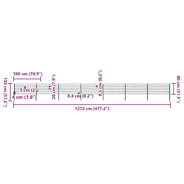 Aiapaneelide ja postide komplekt, pulbervärvitud raud, samblaroheline, 14 paneeli ja 8 posti, kogusuurus 11,9 x 0,8 m – 5