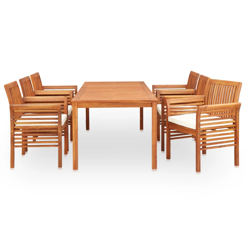 7-osaline akaatsiapuidust aiamööbli komplekt patjadega, pruun raam ja kreemjad padjad, laud 215 x 90 cm