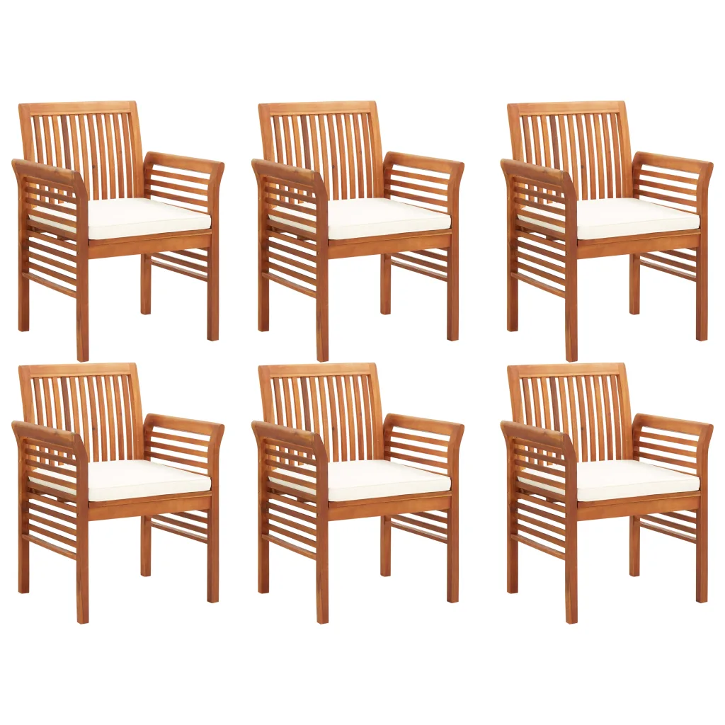 7-osaline akaatsiapuidust aiamööbli komplekt patjadega, pruun raam ja kreemjad padjad, laud 215 x 90 cm
