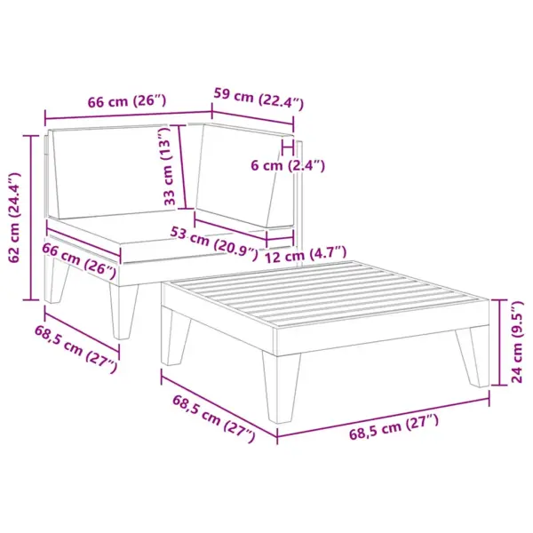 2-osaline akaatsiapuidust aiamööbli komplekt patjadega, nurgadiivan ja diivanilaud, tumehallid padjad, nurgadiivan ja laud 68,5 x 68,5 cm – 7