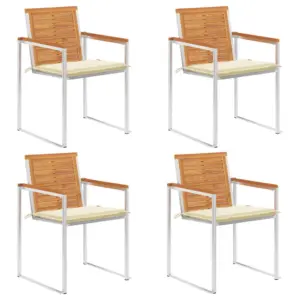 Virnastatavad akaatsiapuidust aiatoolid istmepatjadega, 4 tk, roostevaba terasraam, kreemjad padjad, 60 x 56 x 85 cm