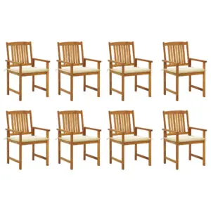 Akatasiapuidust aiatoolid käetugedega patjadega, 8 tk, kreemjad padjad