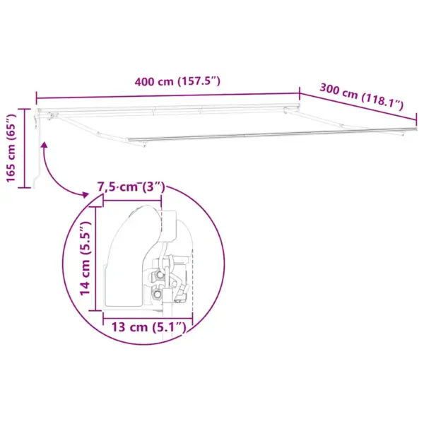Automaatne sissetõmmatav terrassimarkiis kaugjuhtimispuldiga, burgundiapunane, valge alumiiniumraam, vett ja mustust hülgav polüesterkangas, 400 x 300 cm – 13