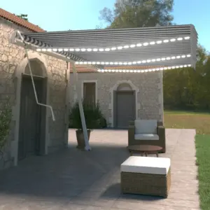 Automaatne terrassimarkiis LED-valgustuse ja tuuleanduriga, 600 x 350 cm, sinine-valge
