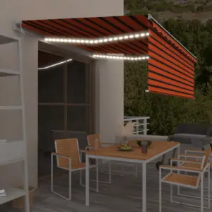 Automaatne terrassivarikatus LED-valgustuse ja tuuleanduriga, 4,5 x 3 m, oranž ja pruun, valge alumiiniumraam