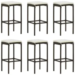 Baaripukid istmepatjadega, 6 tk, pruun PE-rotang ja terasraam, 38 x 38 x 76 cm