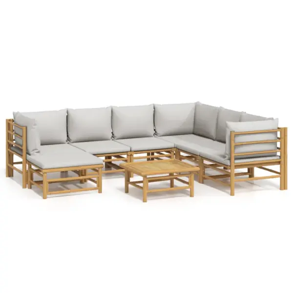 8-osaline bambusest aiamööbli komplekt helehallide patjadega, modulaarne nurgadiivan ja laud 55 x 65 cm – 2