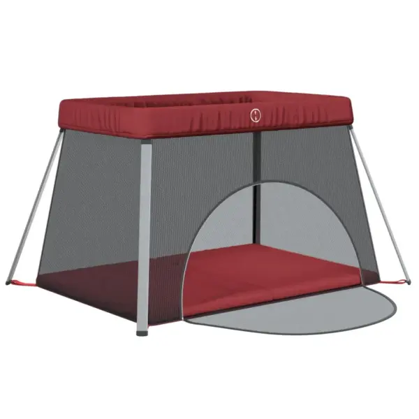 Beebi mänguaedik ja reisivoodi madratsiga, punane linane kangas, 110 x 82 x 67 cm – 4