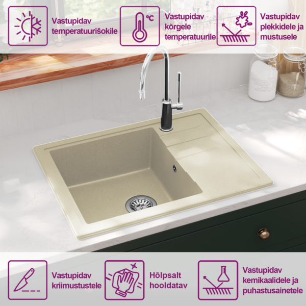 Beež graniitkomposiidist köögivalamu kuivatusala ja ülevooluavaga, 580 x 440 mm – 10