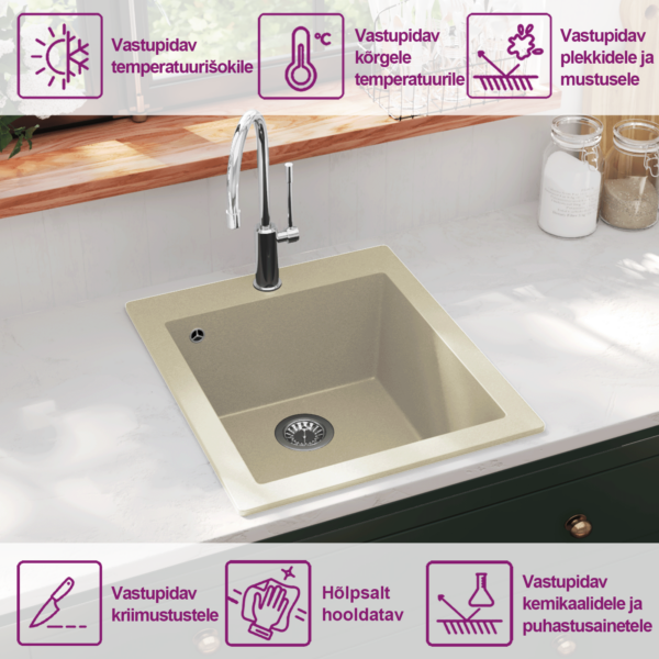 Ühe valamukausiga graniitkomposiit köögivalamu, beež, pealepaigaldatav, 425 x 500 mm – 9