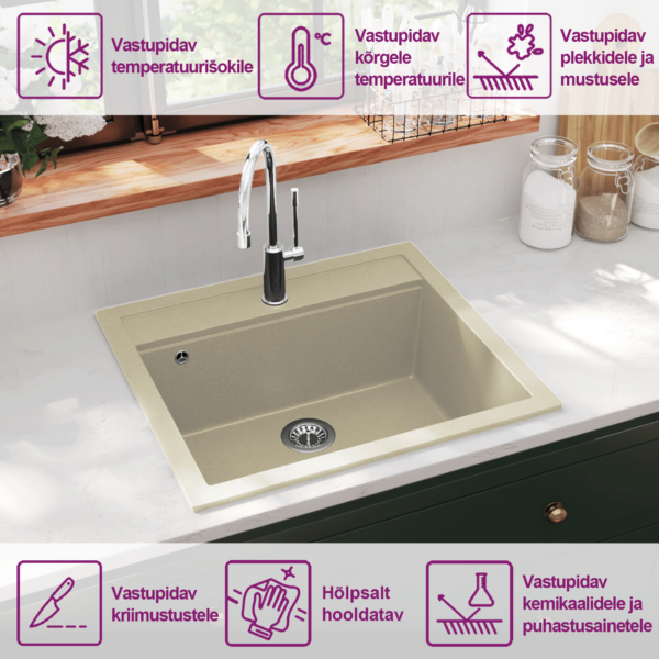 Ühepoolne graniitkomposiit köögivalamu korvisõelaga, beež, ülepaigaldatav, 565 x 510 mm – 9