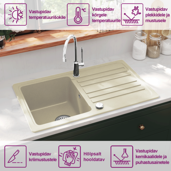 Beež ühe valamuga graniitköögivalamu, 765 x 460 mm – 9