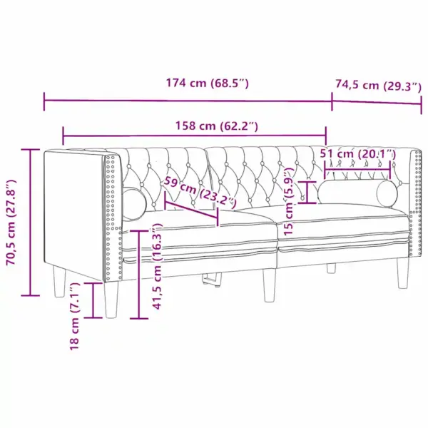 Helehall Chesterfield sametdiivan nööpidega seljatoega, 174 x 74,5 x 70,5 cm – 9