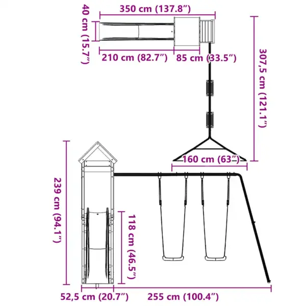 Ebatsuugapuidust õuemänguväljak liumäe ja kahekohalise kiigega, sinine, 307,5 x 350 x 239 cm – 11
