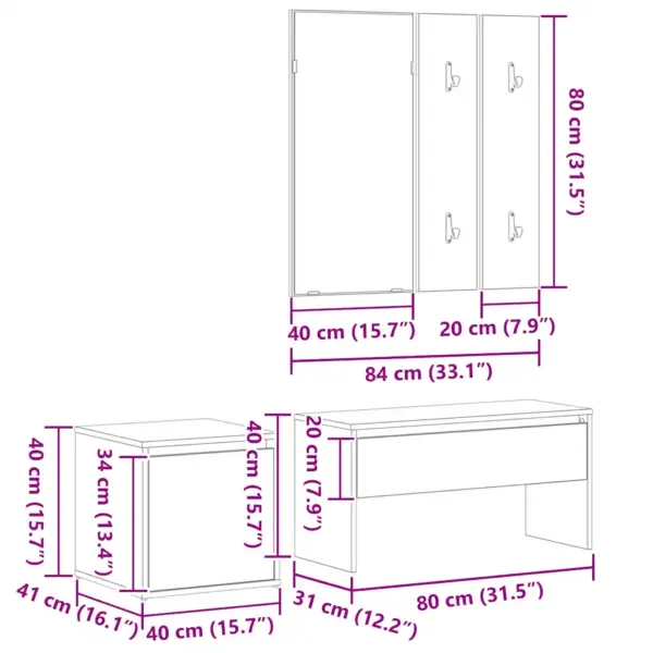 Esikumööbli komplekt hoiupingiga, 3-osaline, musta tamme viimistlusega tehispuidust, peegliga seinapaneel ja hoiukast, 80 x 31 x 40 cm – 13