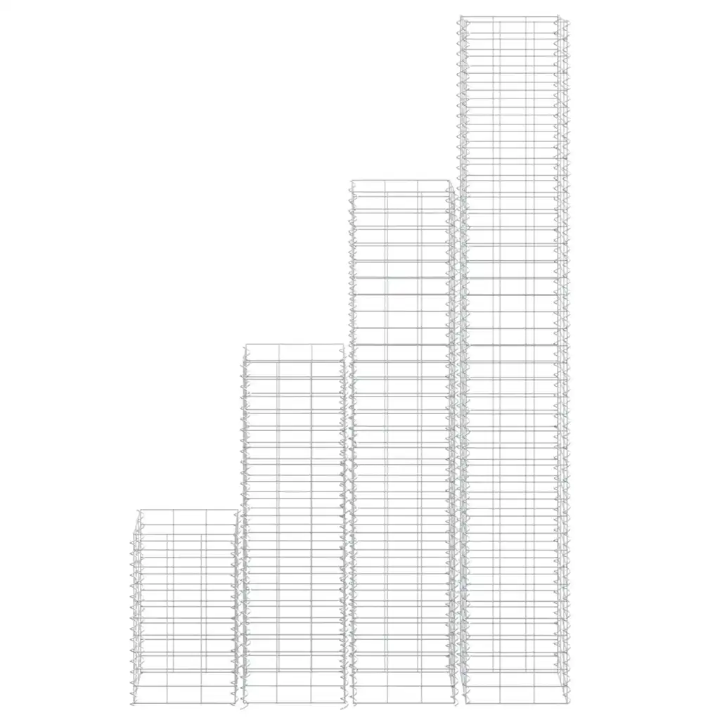 Gabioon-taimelavade komplekt, 4 tk, hõbedane raud, 30 x 30 x 50–200 cm