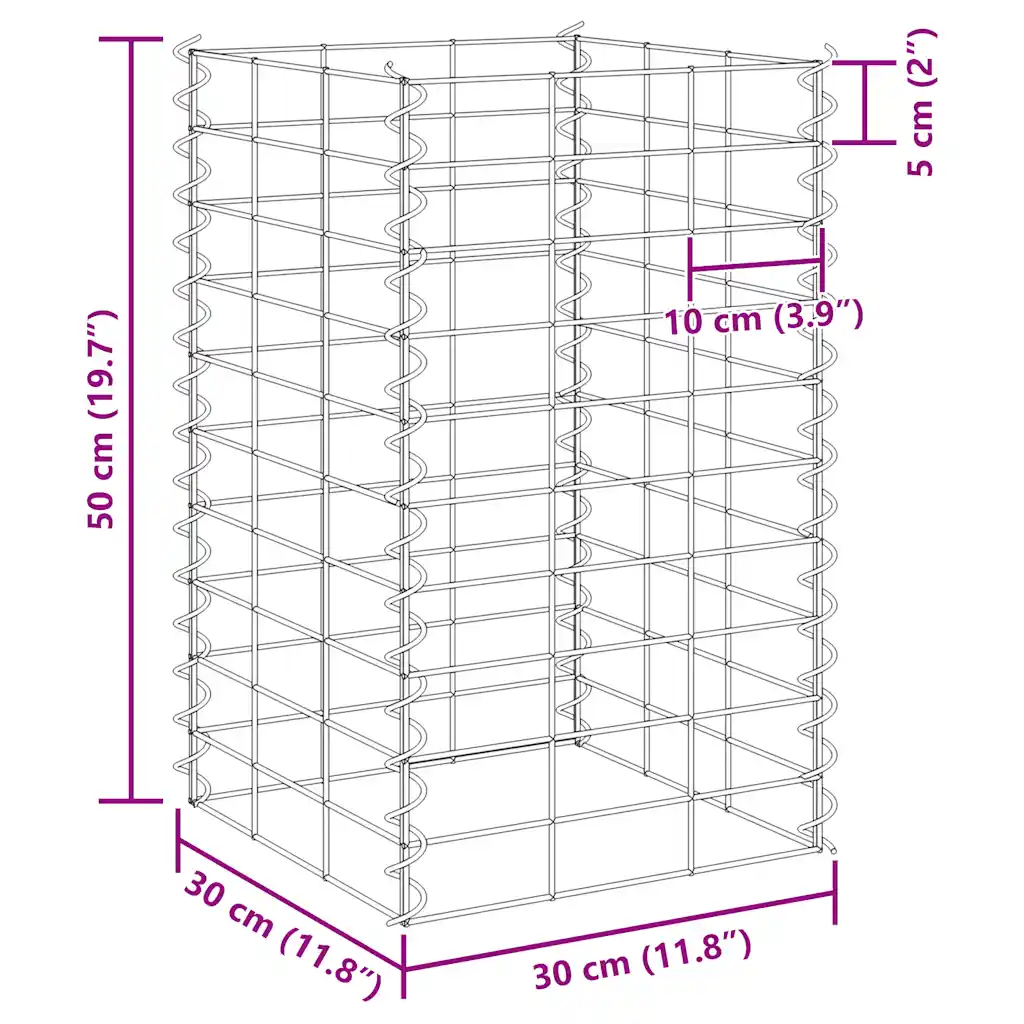 Gabioon-taimelavade komplekt, 4 tk, hõbedane raud, 30 x 30 x 50–200 cm