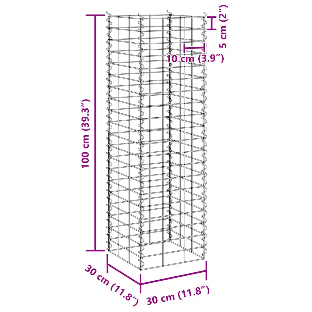 Gabioon-taimelavade komplekt, 4 tk, hõbedane raud, 30 x 30 x 50–200 cm