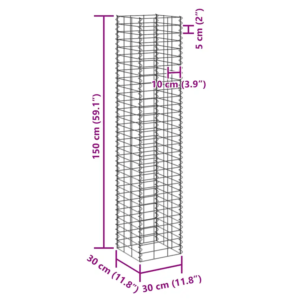 Gabioon-taimelavade komplekt, 4 tk, hõbedane raud, 30 x 30 x 50–200 cm