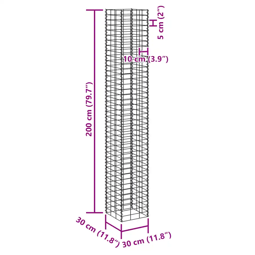 Gabioon-taimelavade komplekt, 4 tk, hõbedane raud, 30 x 30 x 50–200 cm