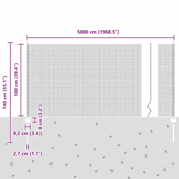 Aiavõrgu komplekt postidega, hall, terasest ja PVC kattega, 1 x 50 m, kõrgus 100 cm – 12