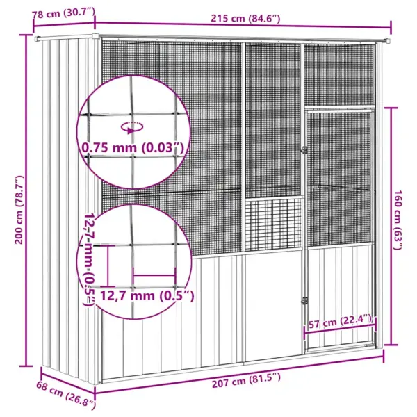 Aialinnumaja lindudele, hall tsingitud terasest, 215 x 78 x 200 cm – 10
