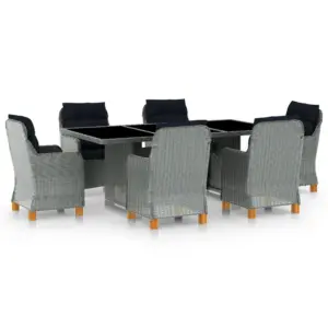 7-osaline helehall polürotangist aiamööbli komplekt patjadega, akaatsiapuidust jalgade ja karastatud klaasist lauaplaadiga, laud 200 x 100 cm
