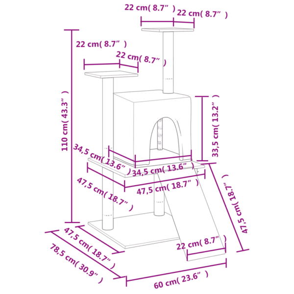 Mitmetasandiline helehall kassipuu kassimajaga ja sisalpostidega, 110 cm – 7