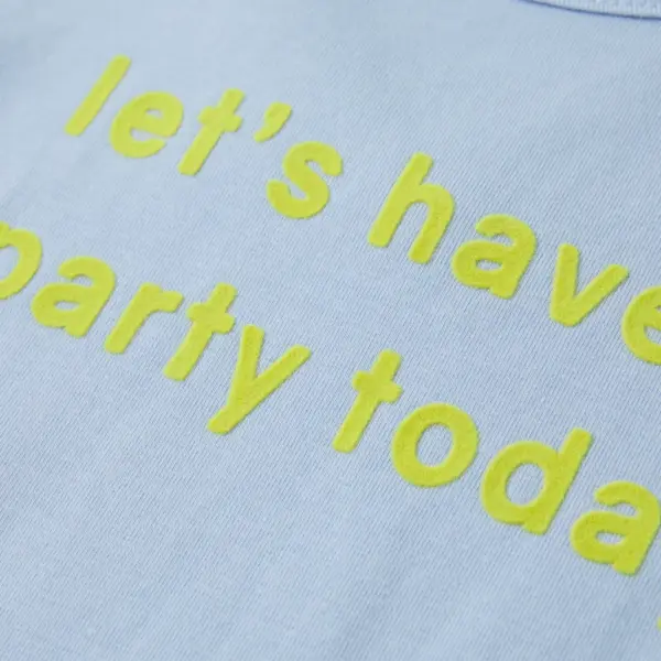 Helesinine laste T-särk lühikeste varrukatega, lets have a party today trükiga, suurus 92 – 4