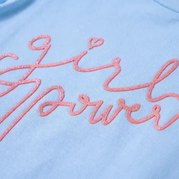 Helesinine laste T-särk volangidega ja sädeleva trükiga, suurus 128 – 5