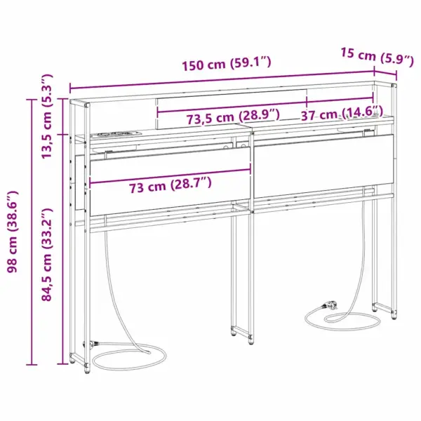 Hoiustamisvoodiots riiulite ja laadimisjaamaga, suitsutatud tamme toon, tehispuit ja terasraam, 150 x 15 x 98 cm – 13