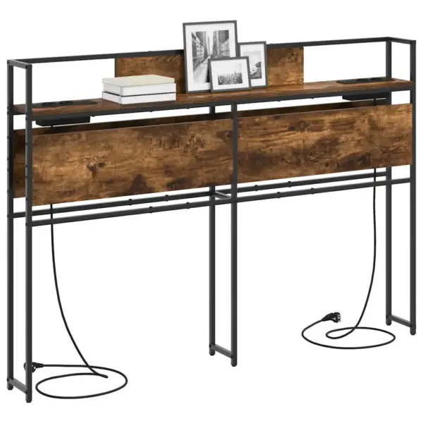 Hoiustamisvoodiots riiulite ja laadimisjaamaga, suitsutatud tamme toon, tehispuit ja terasraam, 150 x 15 x 98 cm – 3