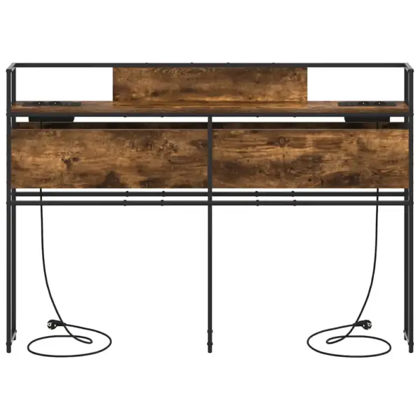 Hoiustamisvoodiots riiulite ja laadimisjaamaga, suitsutatud tamme toon, tehispuit ja terasraam, 150 x 15 x 98 cm – 5