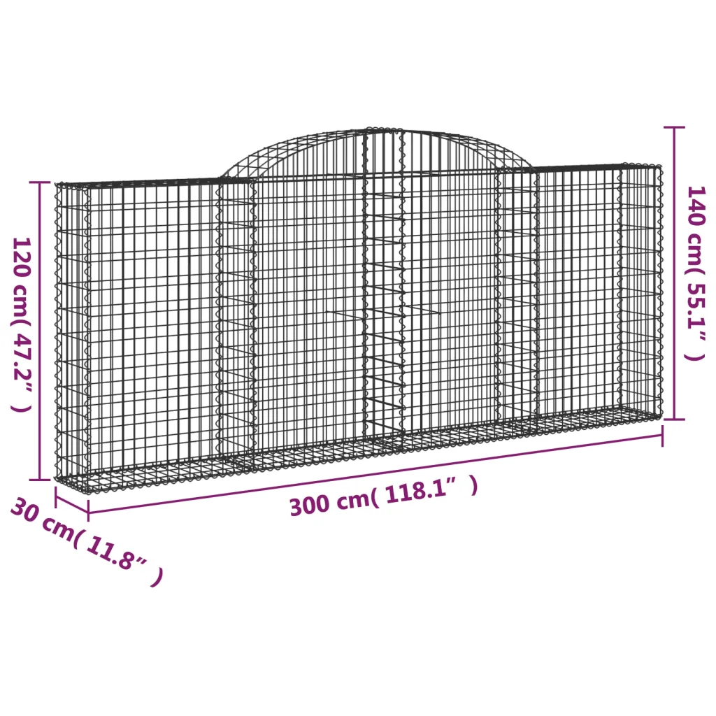 Kaarekujulised gabioonkorvid aiaseinaks, 15 tk, tsingitud raud, hõbedane, 300 x 30 x 120/140 cm
