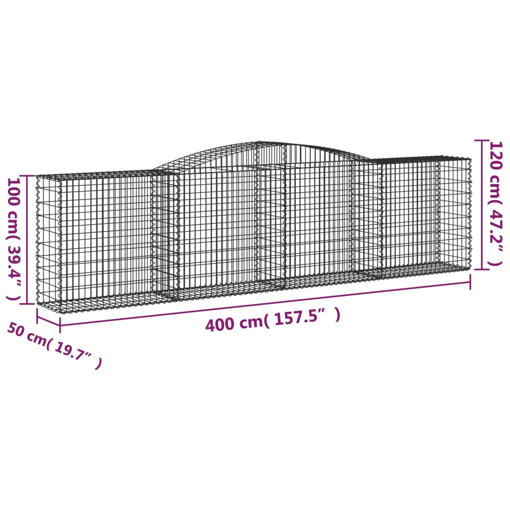 Kaarekujulised gabioonkorvid aiaseinaks, 20 tk, hõbedane tsingitud raud, 400 x 50 x 100/120 cm