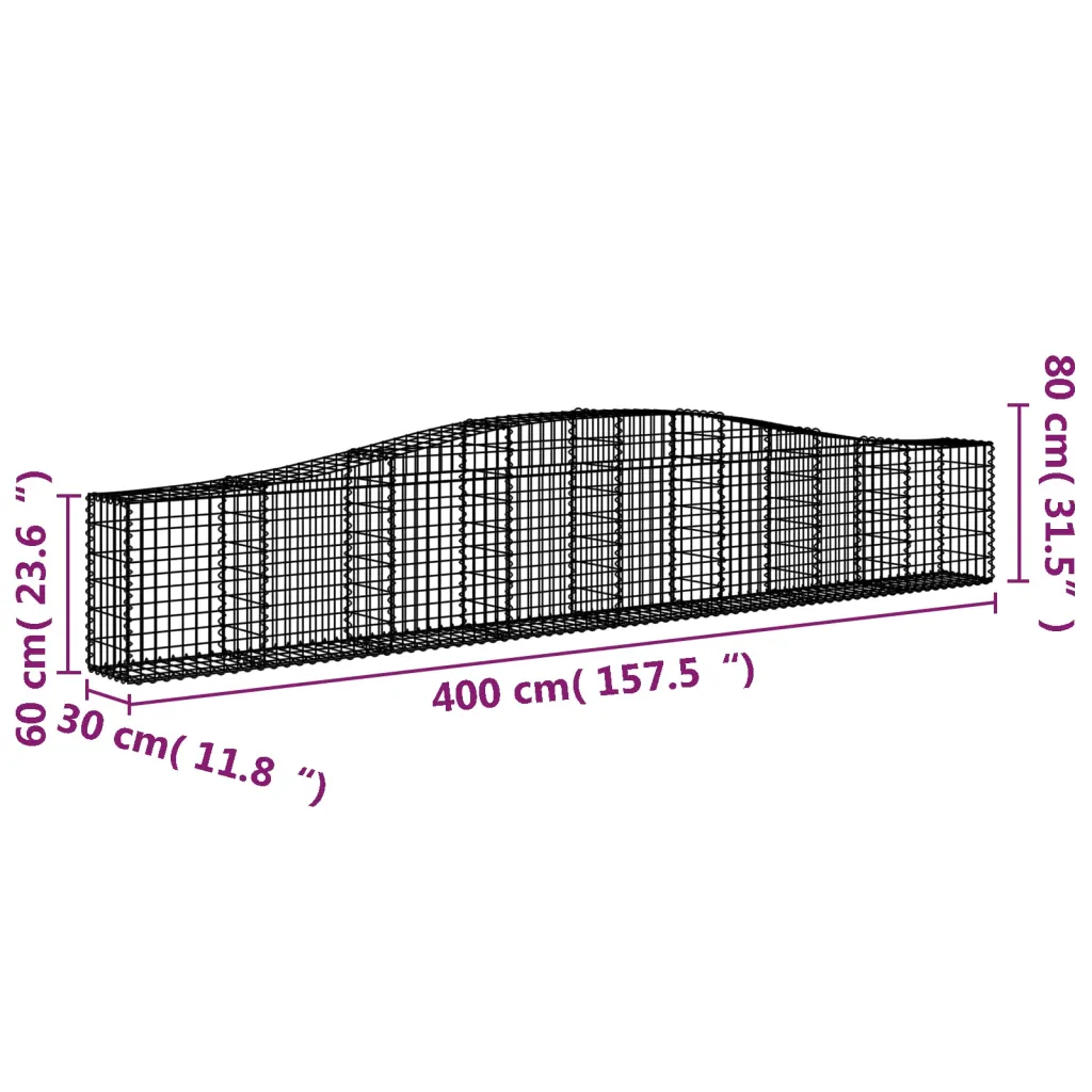 Kaarekujulised gabioonkorvid aiaseinaks, 4 tk, hõbedane tsingitud raud, 400 x 30 x 60/80 cm
