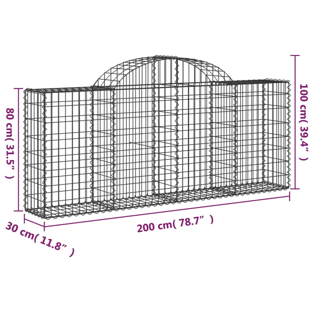 Kaarekujulised gabioonkorvid aiaseinaks, 40 tk, hõbedane tsingitud raud, 200 x 30 x 80/100 cm