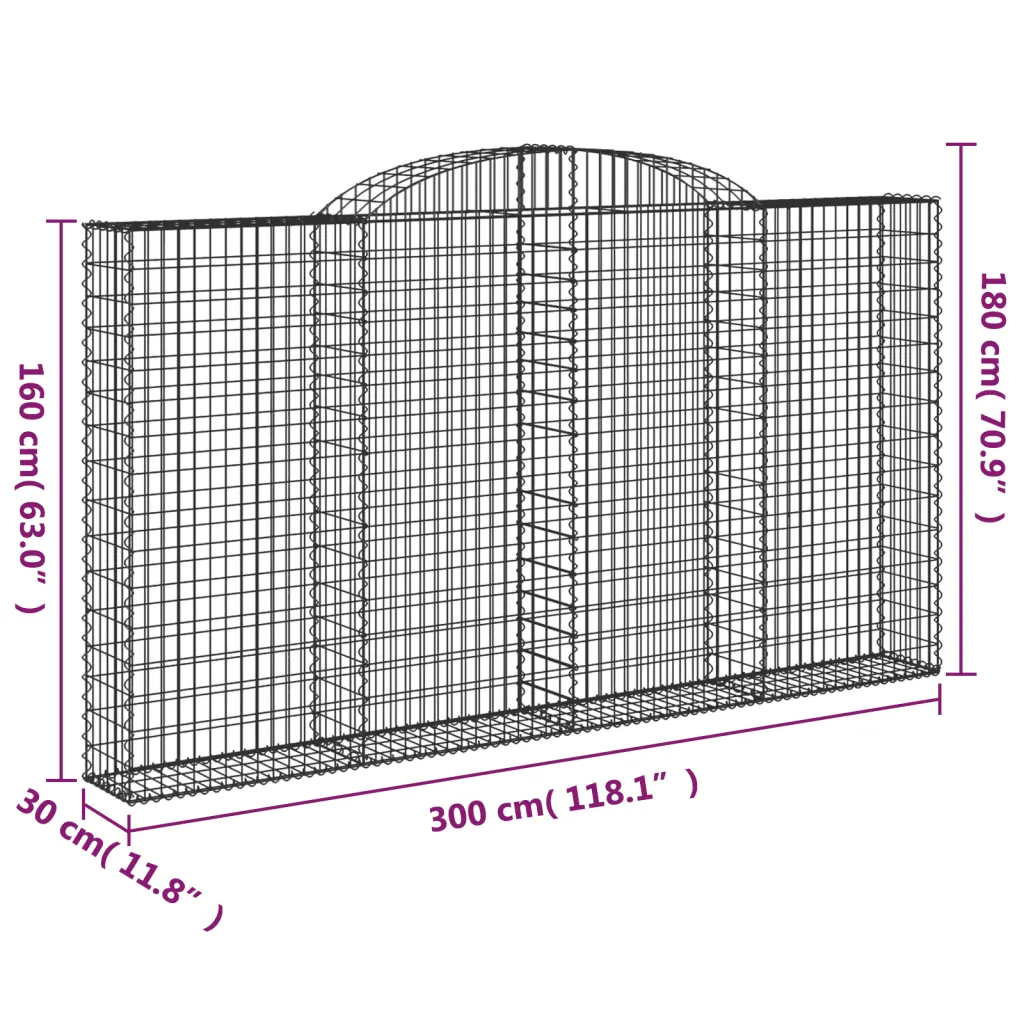 Kaarekujulised gabioonkorvid aiaseinaks, 7 tk, tsingitud raud, hõbedane, 300 x 30 x 160/180 cm