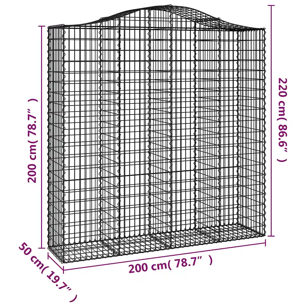 Kaarekujulised gabioonkorvid aiaseinaks, 8 tk, tsingitud raud, hõbedane, 200 x 50 x 200/220 cm