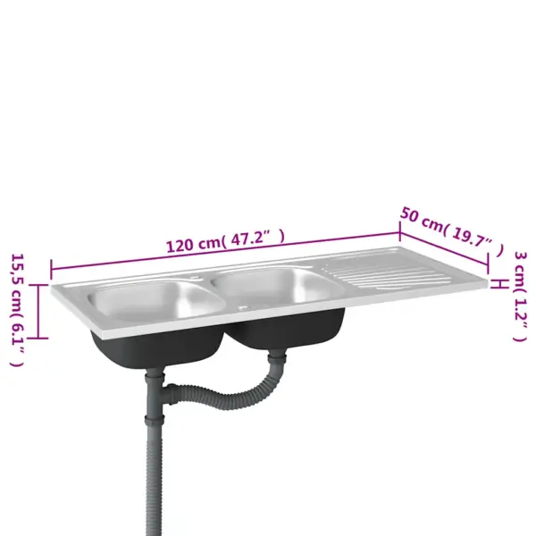 Kahe kraanikausiga roostevabast terasest köögivalamu kuivatuspinnaga, hõbedane, 1200 x 500 x 155 mm – 10