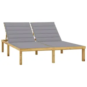 Kahekohaline immutatud männipuidust päevitustool hallide patjadega, reguleeritava seljatoega, 200 x 138 cm