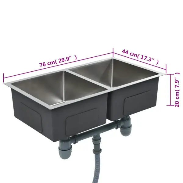 Kahekordne käsitsi valmistatud köögivalamu, harjatud roostevaba teras, hõbedane, 76 x 44 x 20 cm – 8