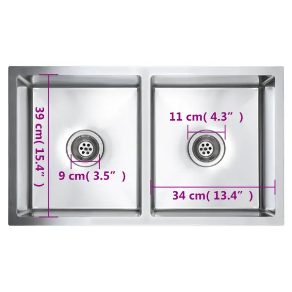 Kahekordne käsitsi valmistatud köögivalamu, harjatud roostevaba teras, hõbedane, 76 x 44 x 20 cm – 9