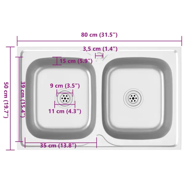 Kahe kausiga köögivalamu äravoolukomplektiga, roostevaba teras, hõbedane, töötasapinnale, 800 x 500 x 155 mm – 11