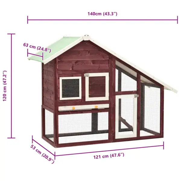 Kahekorruseline kuusepuidust küülikupuur veekindla katusega, kohvipruun ja valge, 140 x 63 x 120 cm – 11