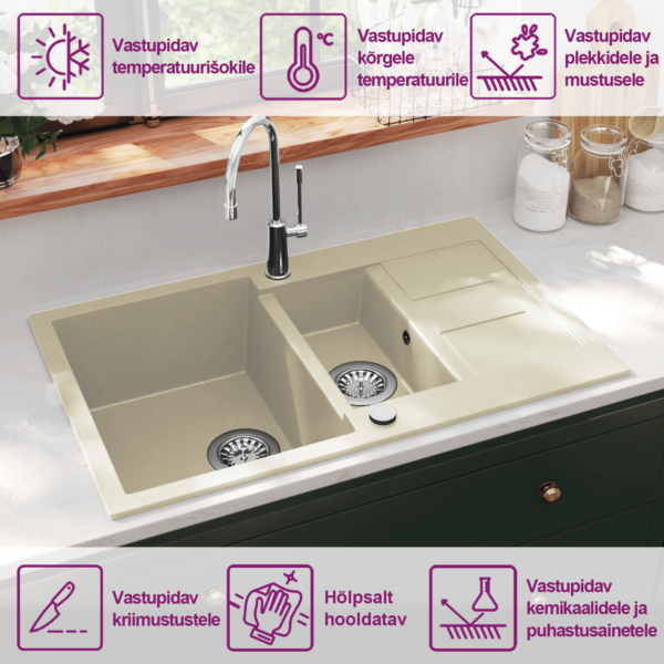 Kahepoolne graniitköögivalamu kuivatusalusega, beež, 800 x 500 mm – 9